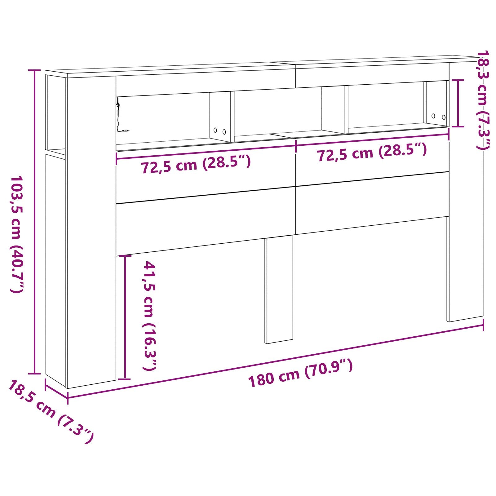 Opberghoofdbord Met Led-Verlichting Zwart Eiken 180X18,5X103,5 Cm