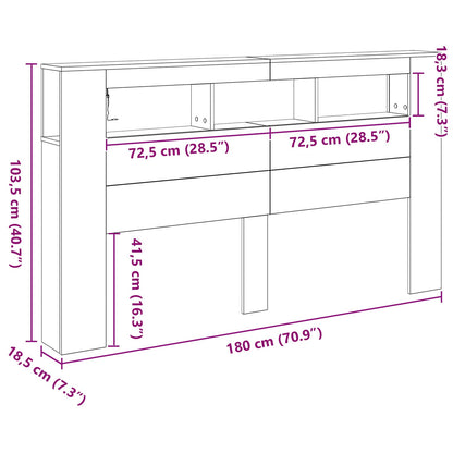Opberghoofdbord Met Led-Verlichting Zwart Eiken 180X18,5X103,5 Cm