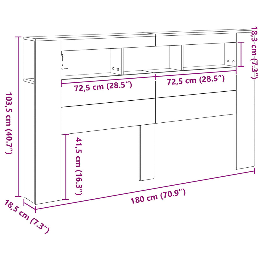 Opberghoofdbord Met Led-Verlichting Zwart Eiken 180X18,5X103,5 Cm