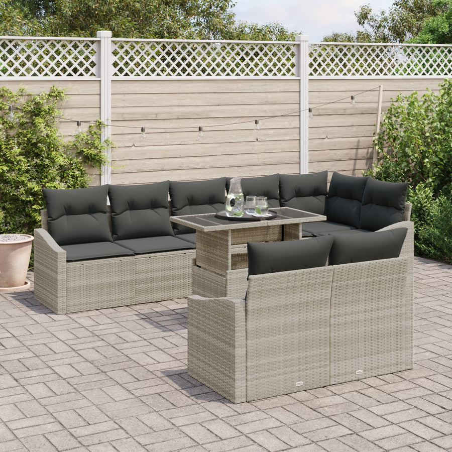 9-Delig Tuinbankstel Met Kussens Lichtgrijs Poly Rattan