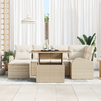 7 Delige Tuin Eettafel Set Met Kussens Beige Poly Rattan Acacia