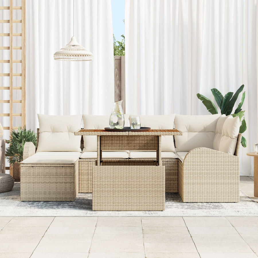 7 Delige Tuin Eettafel Set Met Kussens Beige Poly Rattan Acacia