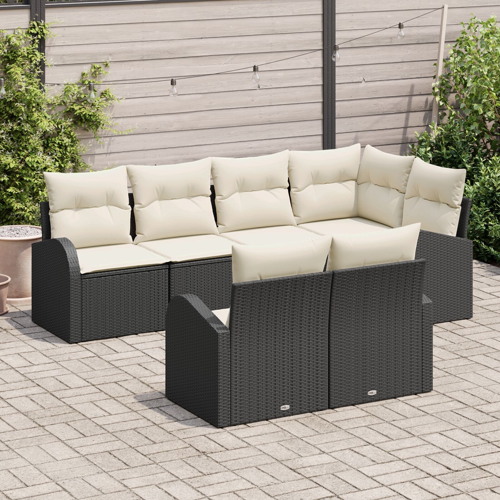 7-Delige Tuin Sofa Set Met Kussens Zwart Poly Rattan