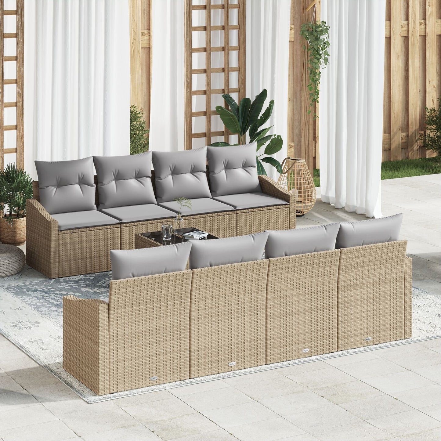 7-Delige Tuinbank Set Met Kussens Beige Poly Rattan Gegalvaniseerd Staal