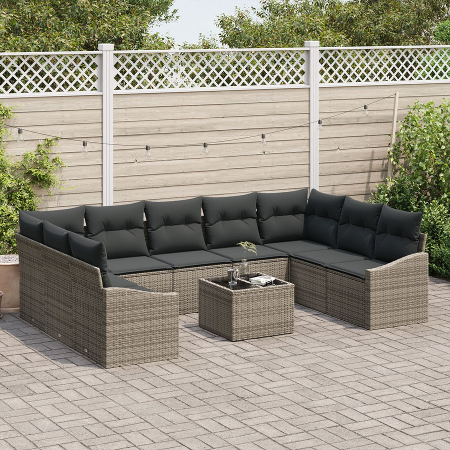 9-Delige Tuinbankset Met Kussens Zwart Poly Rattan Grijs met tafel