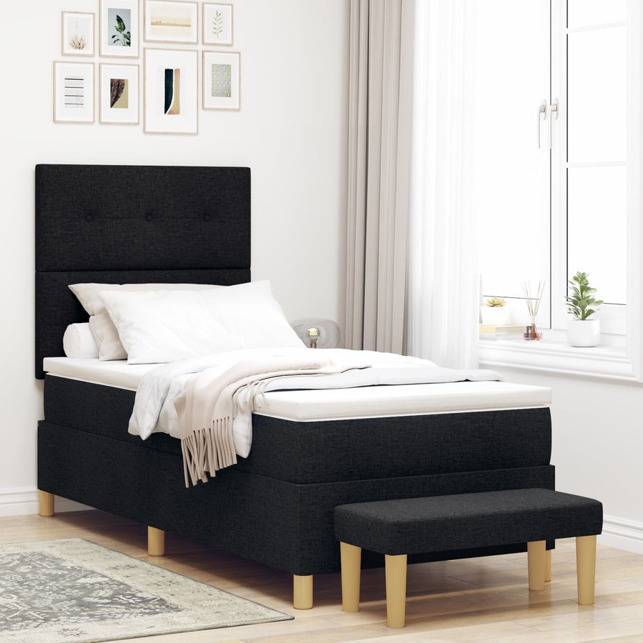 Boxspring Bed Met Matras & Bank Stof Zwart 90 x 190 cm Knopen gequilte