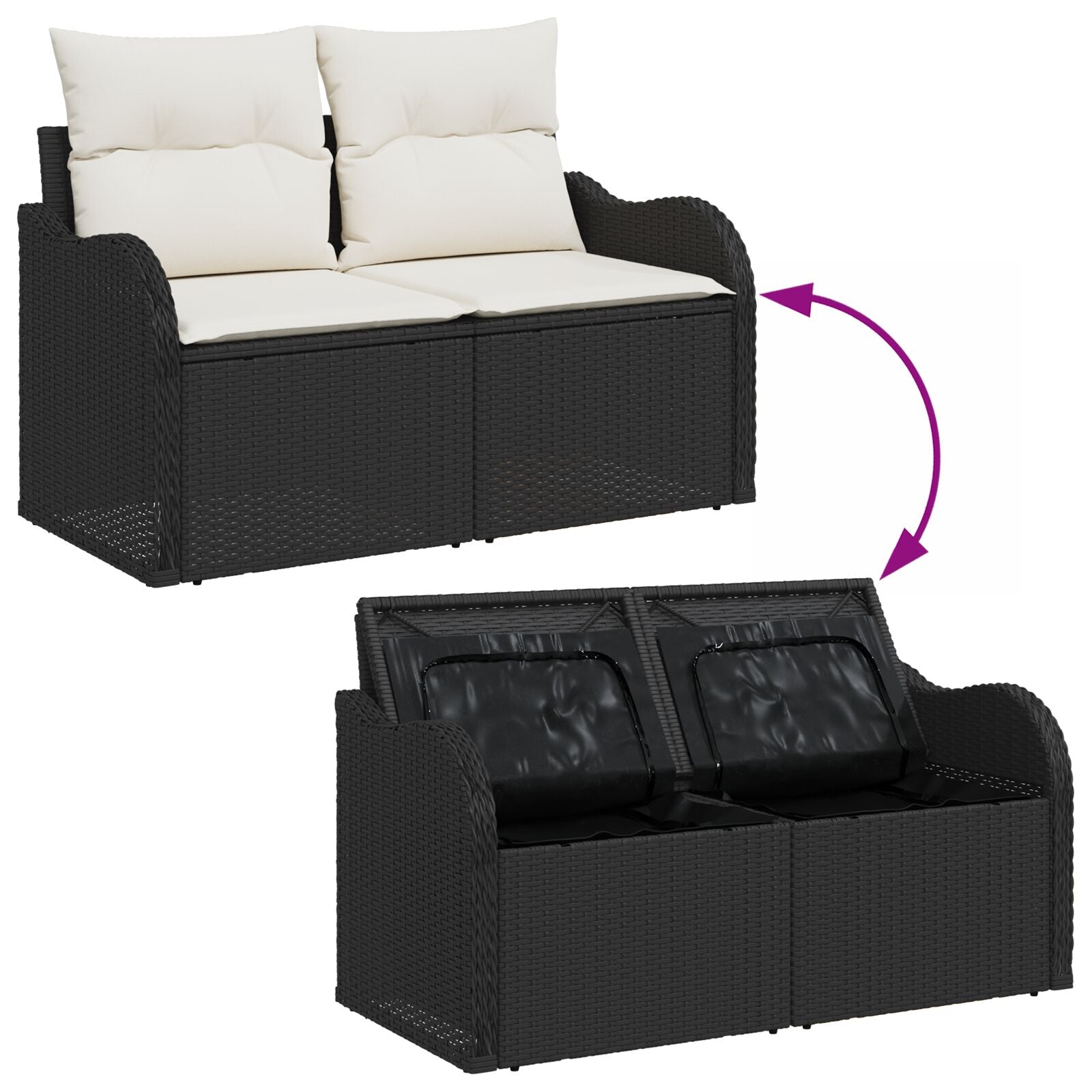 4-Delige Tuinsofa Set Met Kussens Zwart Poly Rattan, 2-Zits Tuinsofa Met Opbergruimte & Kussens Zwart Poly Rattan Wit