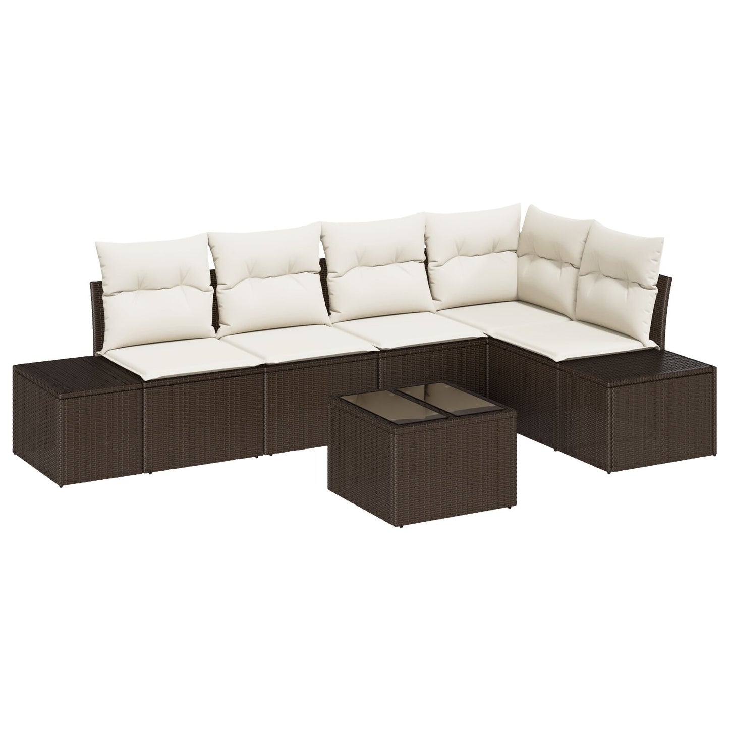 5-Delige Tuinbankset Met Kussens Grijs Poly Rattan Bruin en crème met tafel
