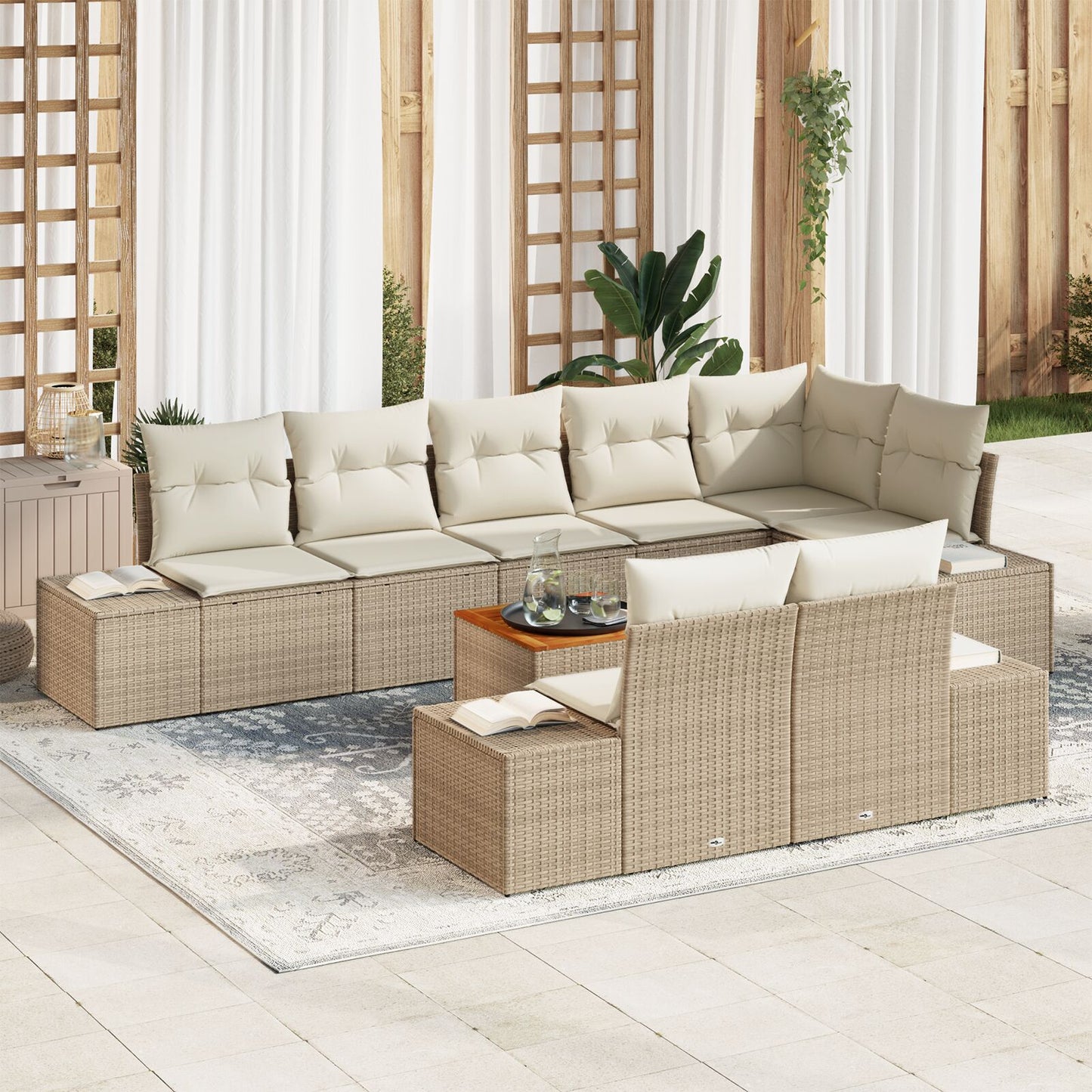 9-Delige Tuinsofa Set Met Kussens Beige Poly Rattan Acacia