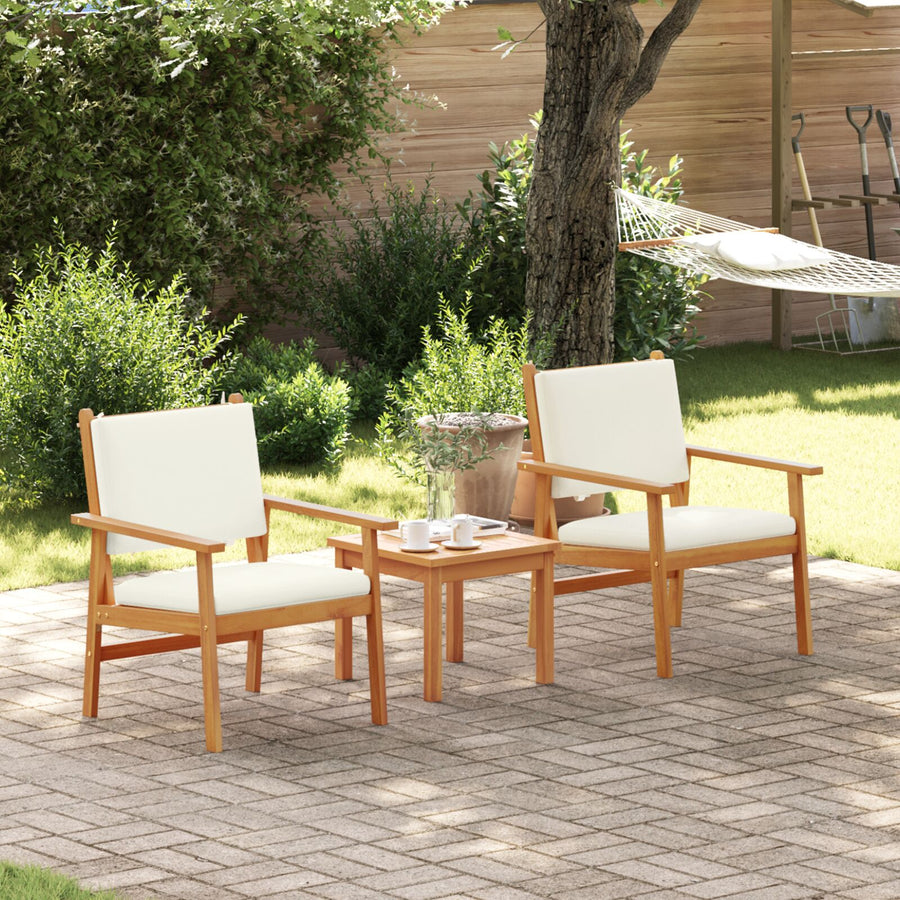 3-Delige Tuin Bistroset Met Kussens Van Massief Acaciahout Crèmewit Tafel + 2 stoelen