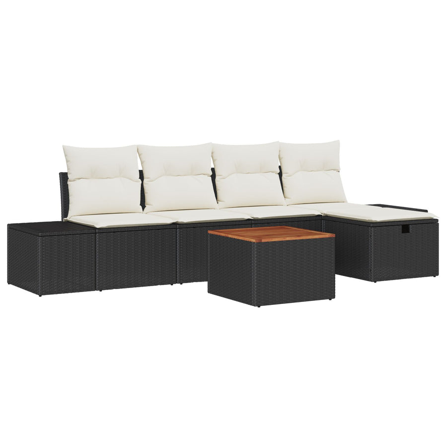 Tuin Sofa Set Set Van 6 Beige En Zwart Rattan, Polyester Kussens Wit