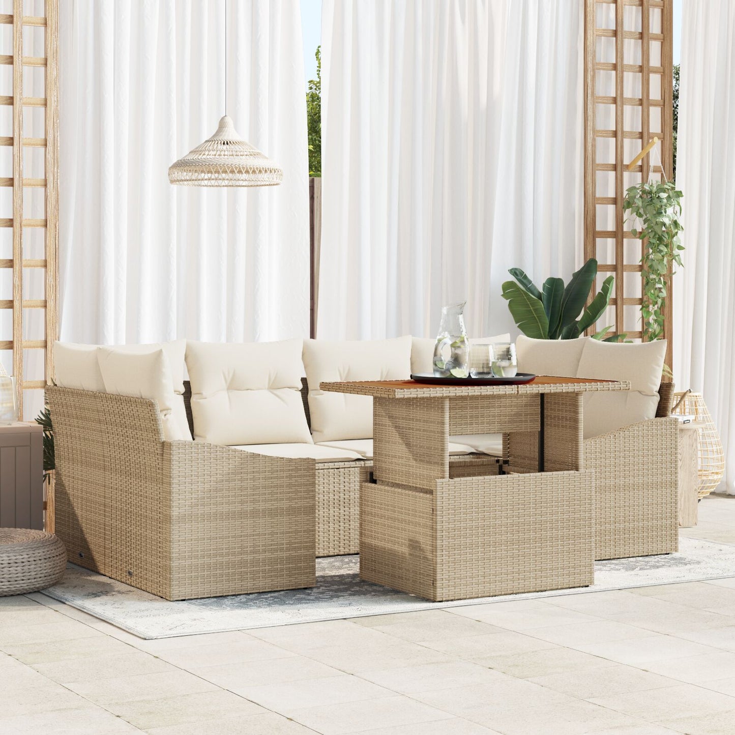 7-Delige Tuin Sofa Set Met Kussens Beige Poly Rattan