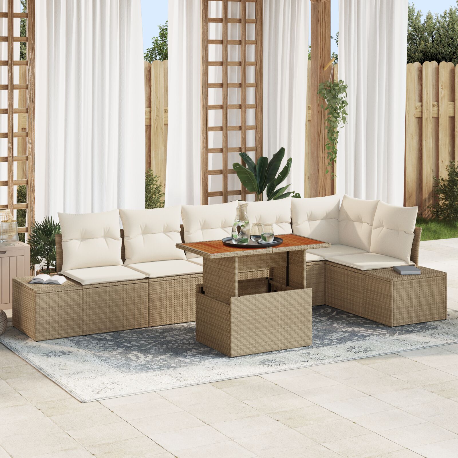 7-Delige Tuin Eetset Met Kussens Beige Poly Rattan Acacia