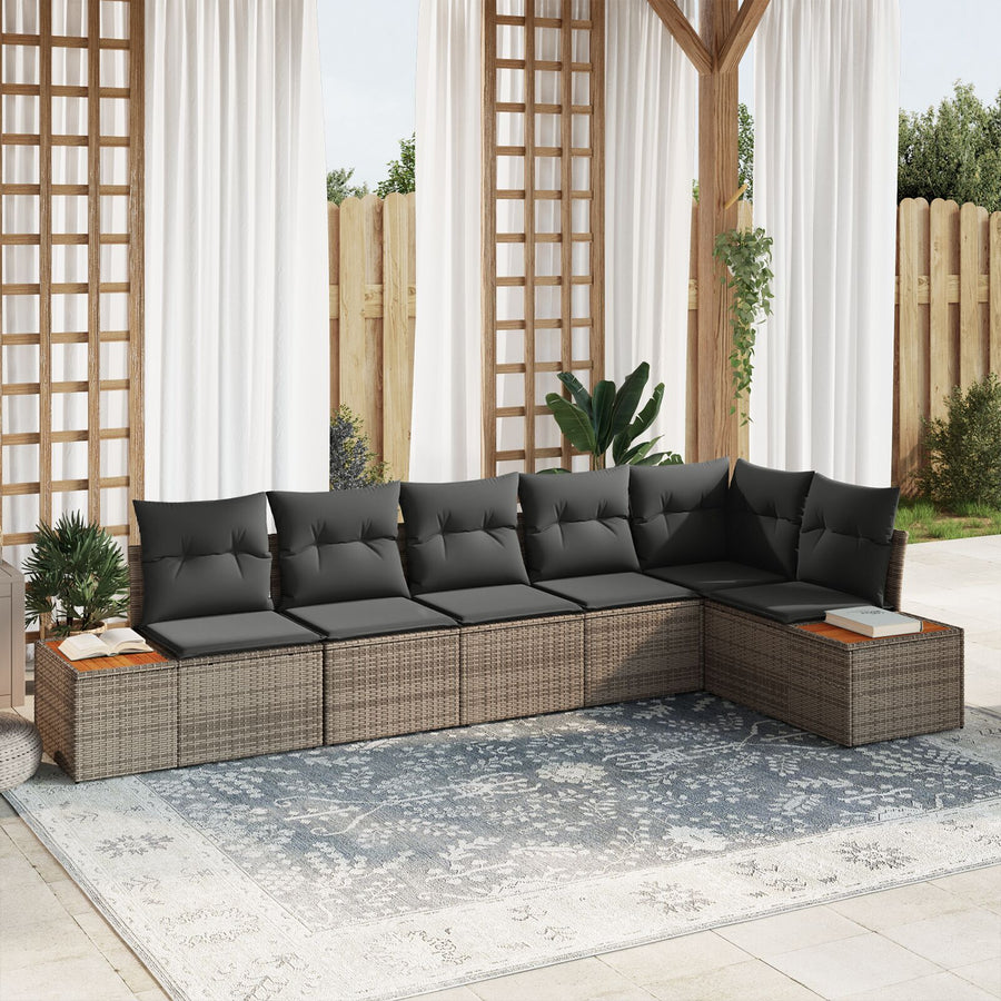6-Delige Tuin Sofa Set Met Kussens Poly Rattan Acacia Grijs zonder tafel