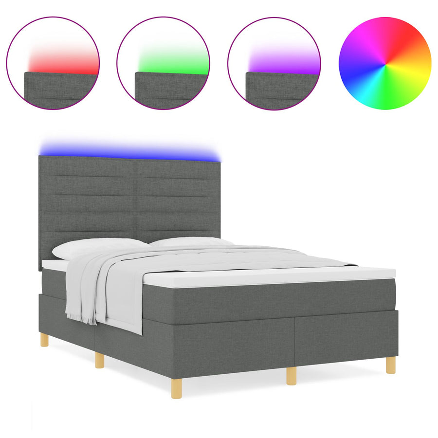 Boxspring Bed Met Matras & Led Donkergrijs 140X190 Cm Stof Blauw