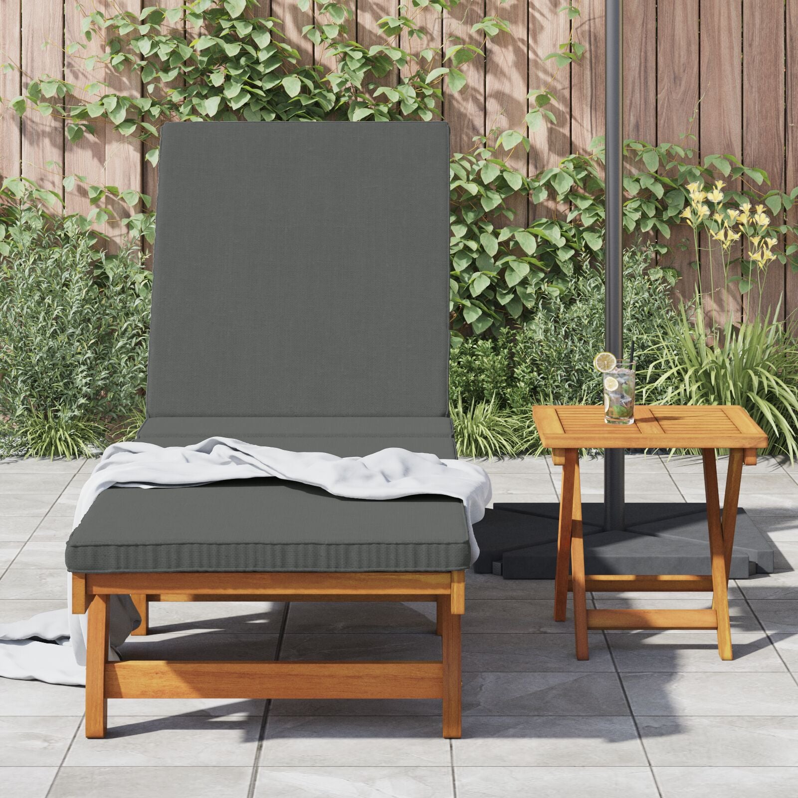 Wielen Zonligstoel Met Tafel En Kussen Van Massief Acaciahout 2 Donkergrijs Zonnebed + Tafel