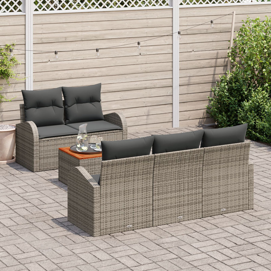 6-Delige Tuinbankset Met Kussens Grijze Poly Rattan En Acacia