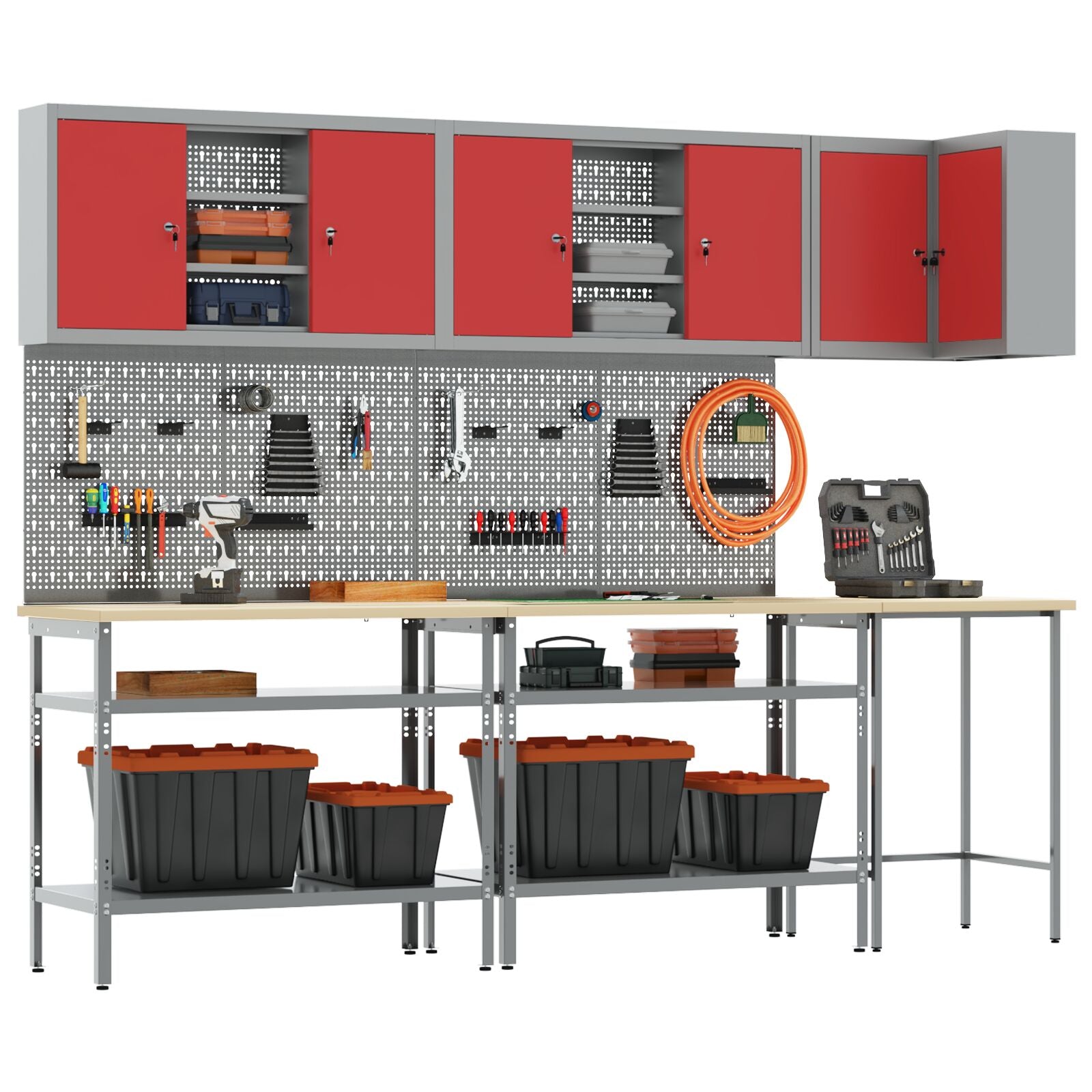 10-Delige Gereedschapsopslag Tafelset In Engineering Hout En Metaal 100 cm kast met pegboard Rood 3x tafel + 4x kast + 6x pegboard