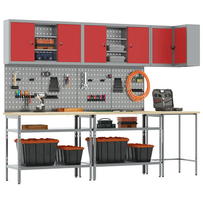 10-Delige Gereedschapsopslag Tafelset In Engineering Hout En Metaal 100 cm kast met pegboard Rood 3x tafel + 4x kast + 6x pegboard
