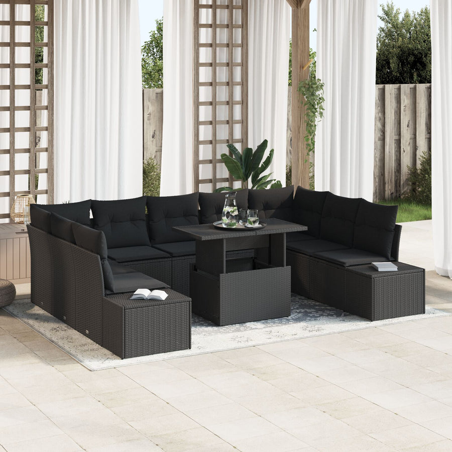 Tuinsalonset Set Van 10 Zwart Rattan, Polyester Kussens