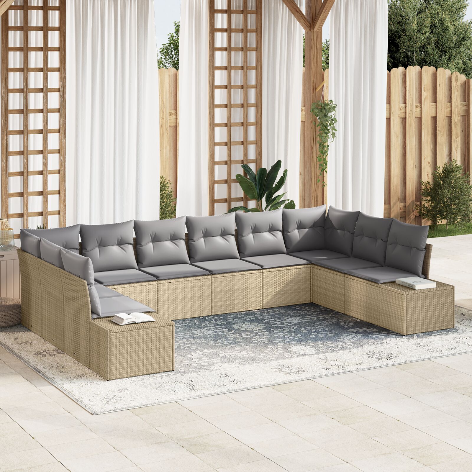 10-Delige Tuin Sofa Set Met Kussens Poly Rattan Beige en grijs zonder tafel