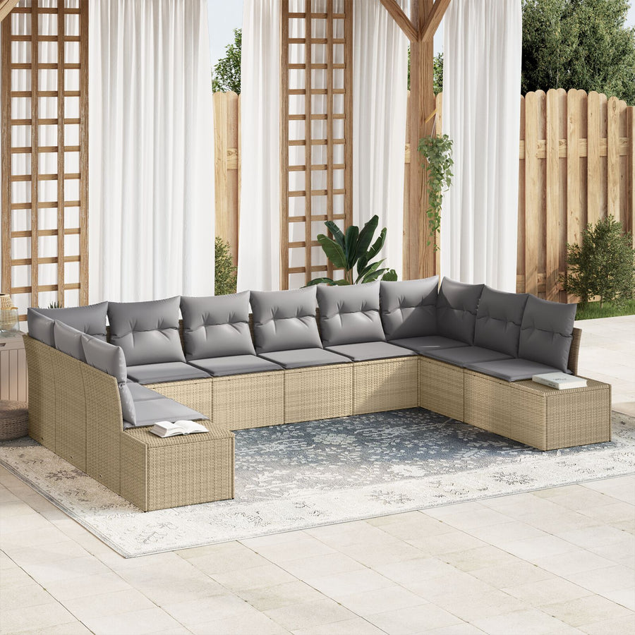10-Delige Tuin Sofa Set Met Kussens Poly Rattan Beige en grijs zonder tafel