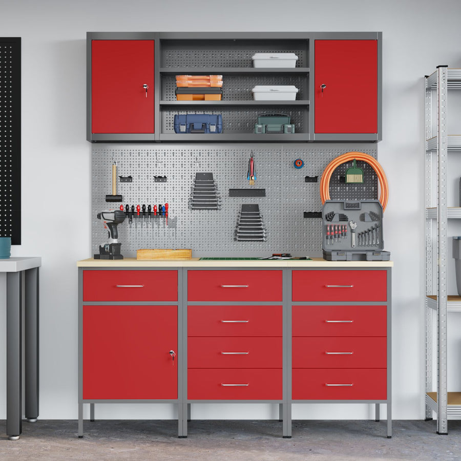 7-Delige Werkbank Set Staal 3x (84/85/85 cm) Rood 4x kast + 4x perforatiepaneel