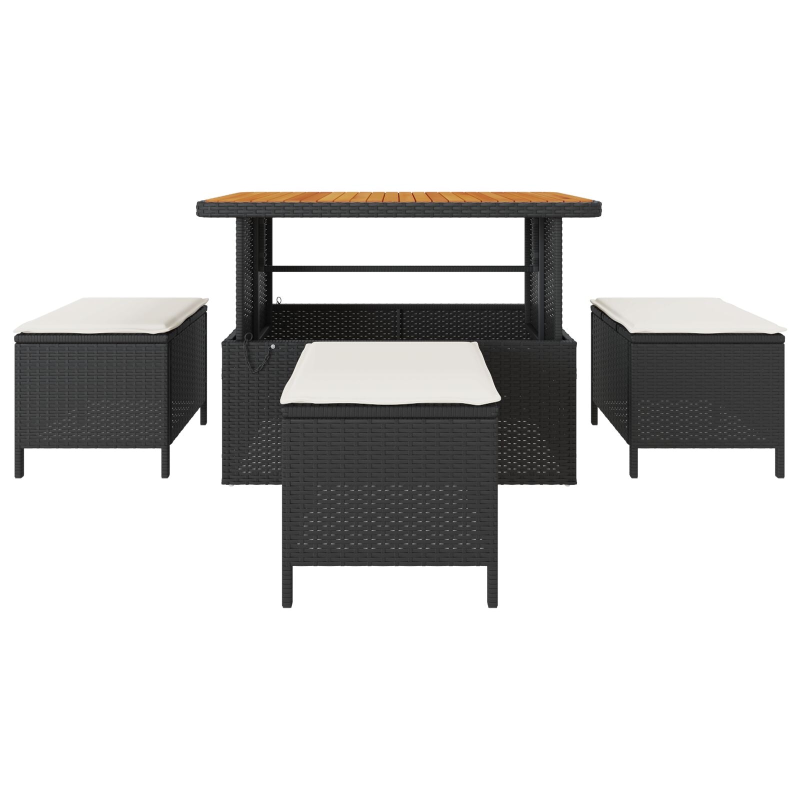 4-Delige Tuin Eettafelset Met Kussens Poly Rattan Acacia 110 cm Zwart en crème 3 krukken