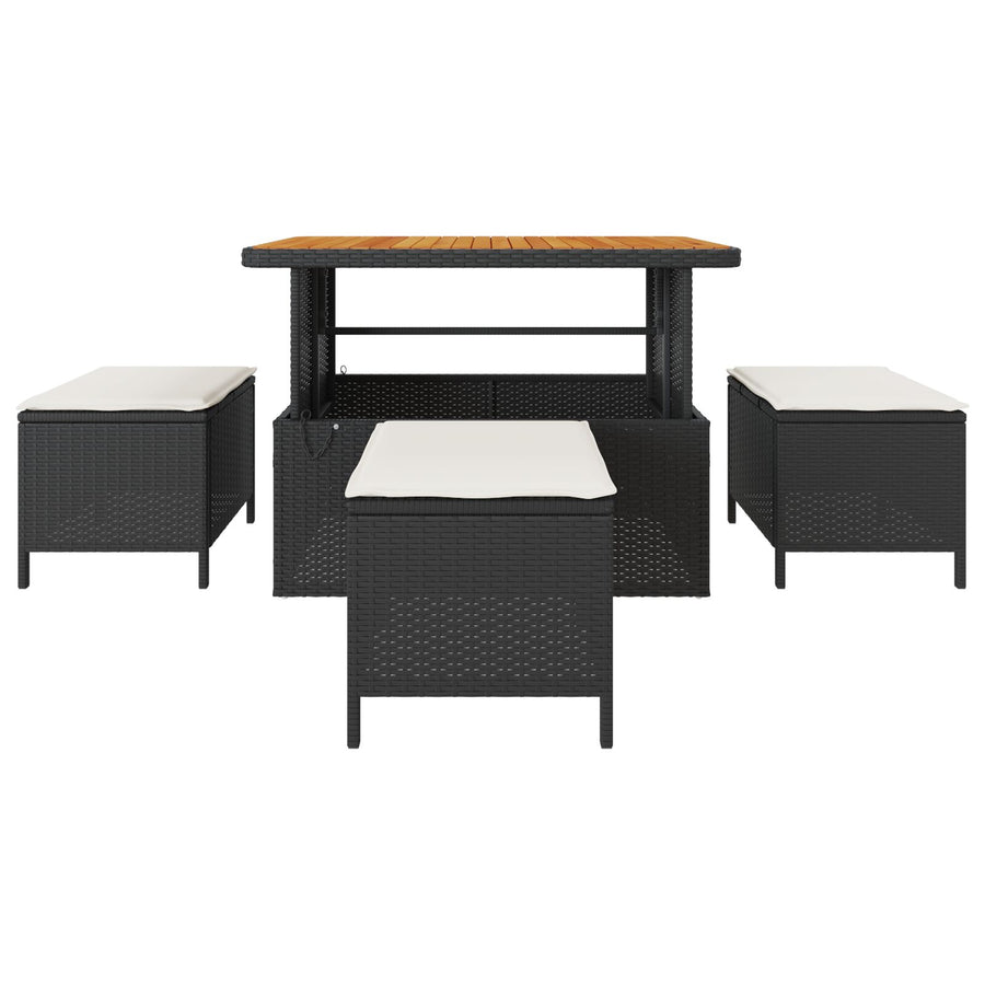 4-Delige Tuin Eettafelset Met Kussens Poly Rattan Acacia 110 cm Zwart en crème 3 krukken