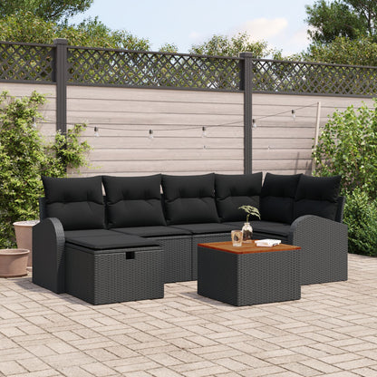 7-Delige Tuin Sofa Set Met Kussens Zwart Poly Rattan