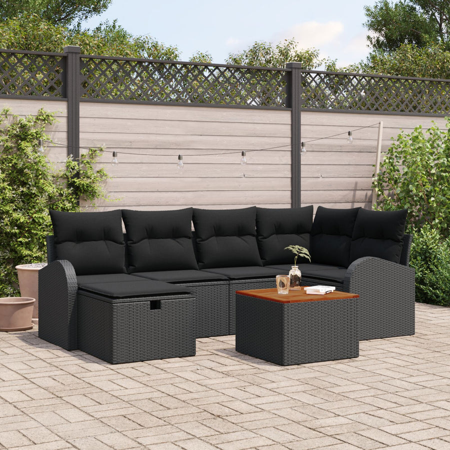 7-Delige Tuin Sofa Set Met Kussens Zwart Poly Rattan