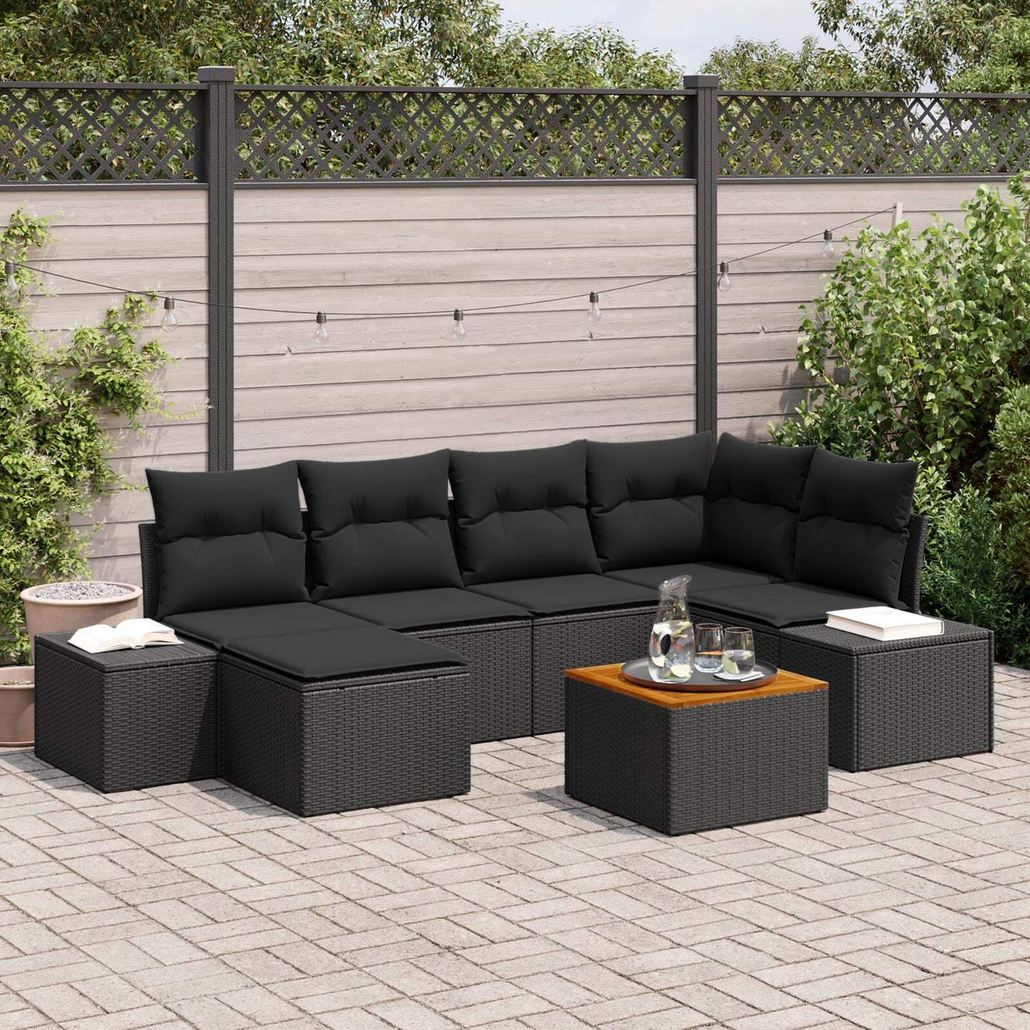 7-Persoons Tuinstoelen Set Met Kussens Zwart Poly Rattan Acacia