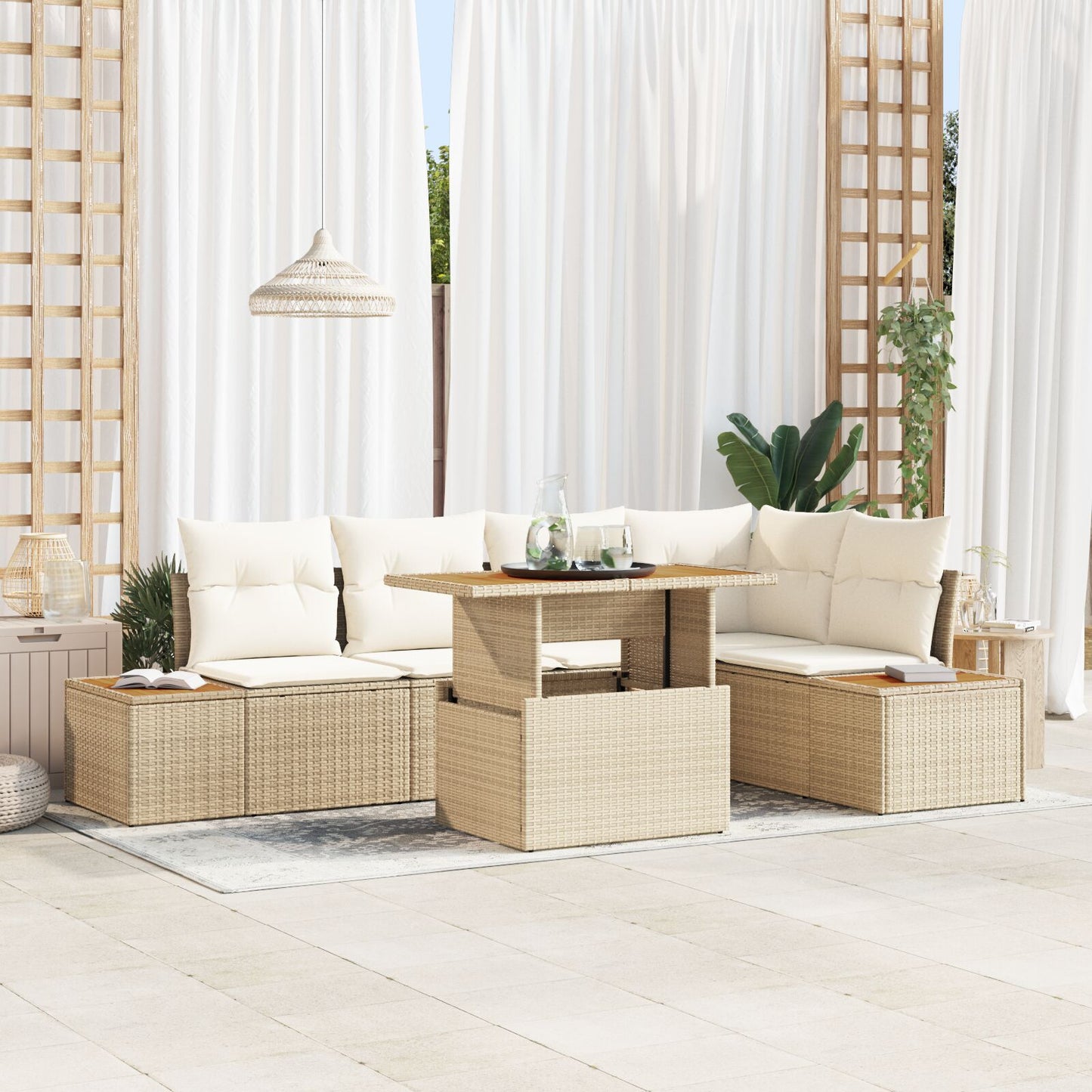 Tuinbank Set Set Van 6 Beige, Crème Riet, Polyester Tuin Hoekbank