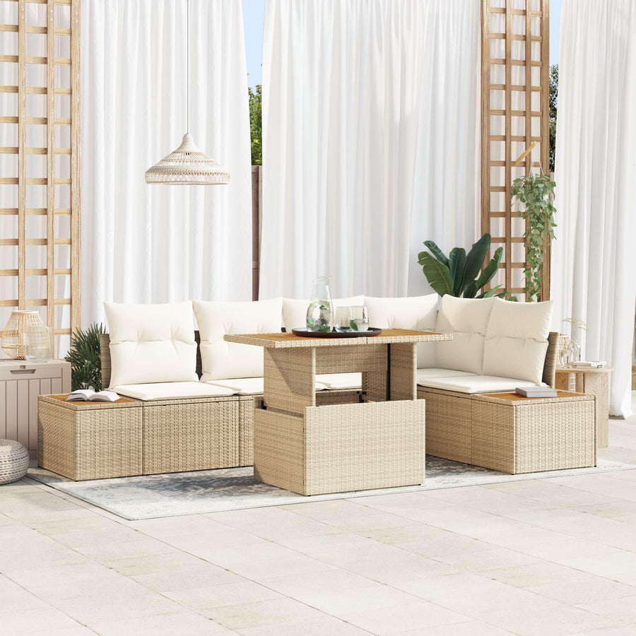Tuinbank Set Set Van 6 Beige, Crème Riet, Polyester Tuin Hoekbank