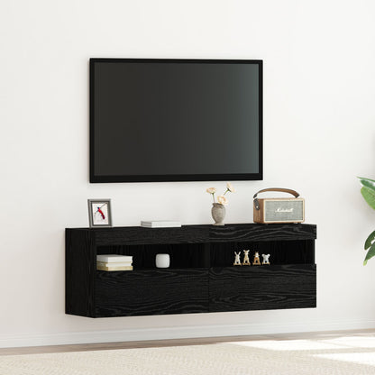 Tv Wandkasten Met Led-Verlichting 2 Stuks Zwart eiken