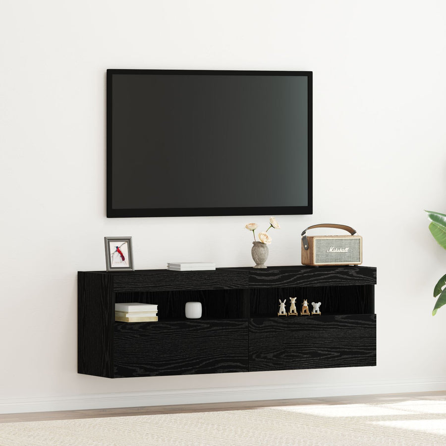 Tv Wandkasten Met Led-Verlichting 2 Stuks Zwart eiken