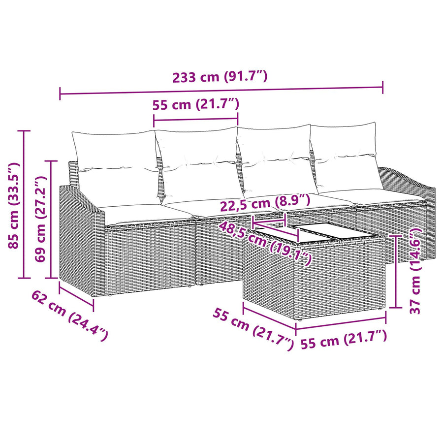 5-Delige Tuin Eetset Met Kussens Bruin Poly Rattan Gegalvaniseerd Staal