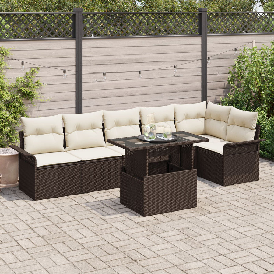 7-Delige Tuin Sofa Set Met Kussens Bruin Poly Rattan
