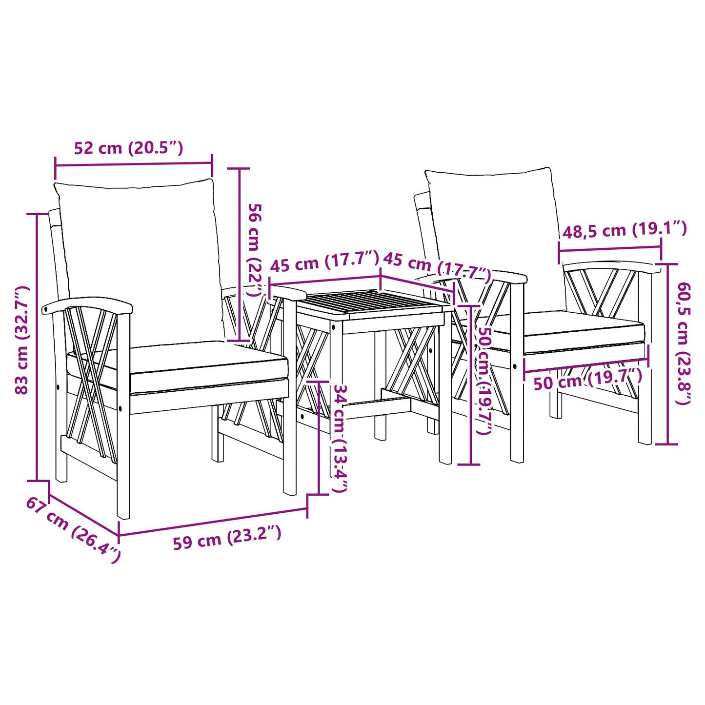 3-Delige Tuin Lounge Set Met Kussens Van Massief Acaciahout 2x fauteuil + tafel Grijs