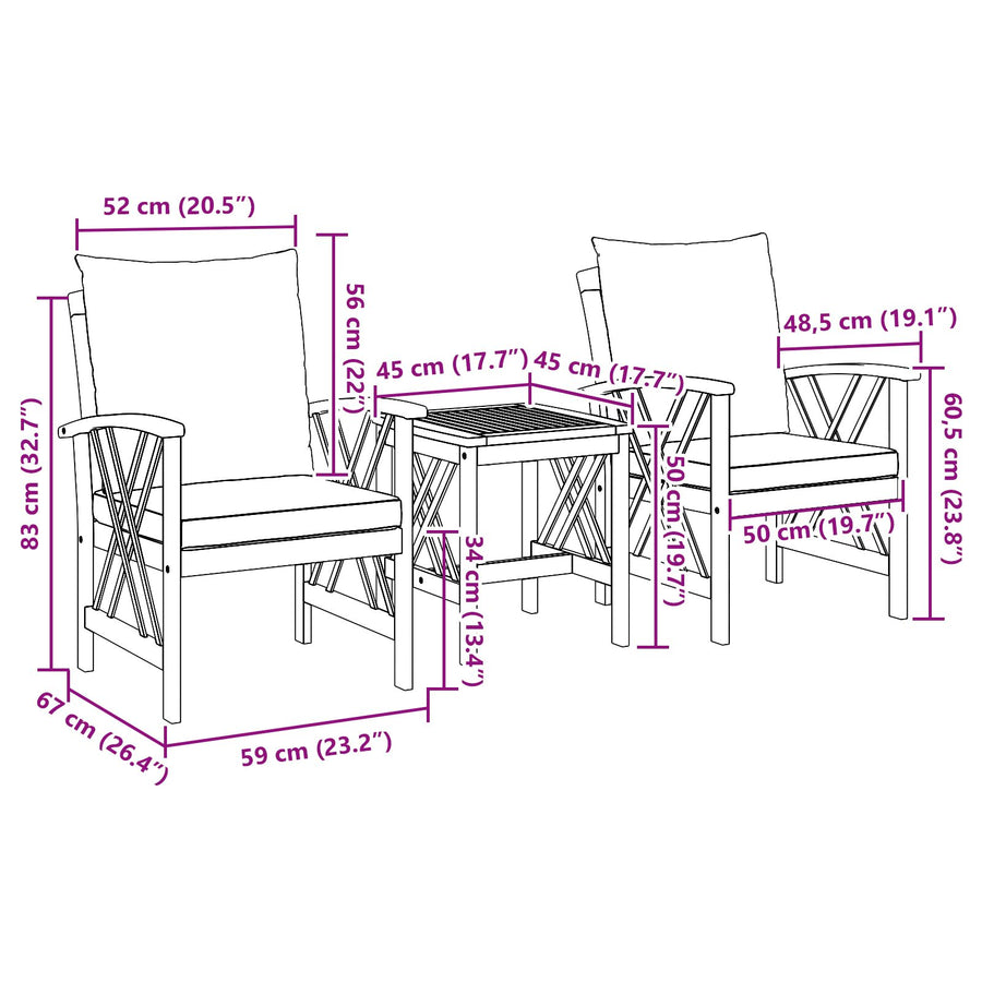 3-Delige Tuin Lounge Set Met Kussens Van Massief Acaciahout 2x fauteuil + tafel Grijs