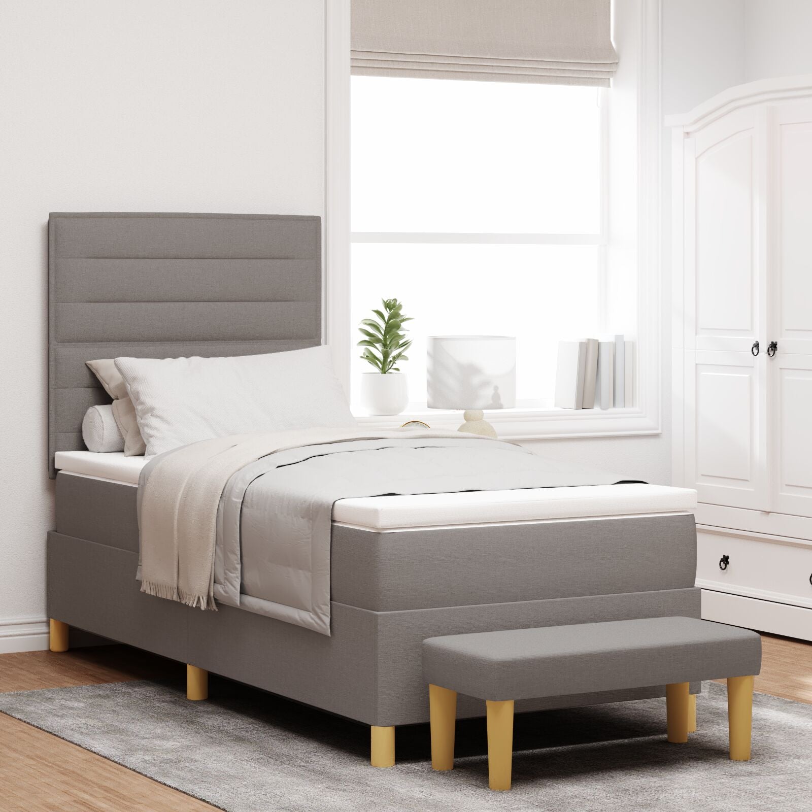 Boxspringbed Met Matras & Bank Stof Taupe 100 x 200 cm Lijnen ontwerp
