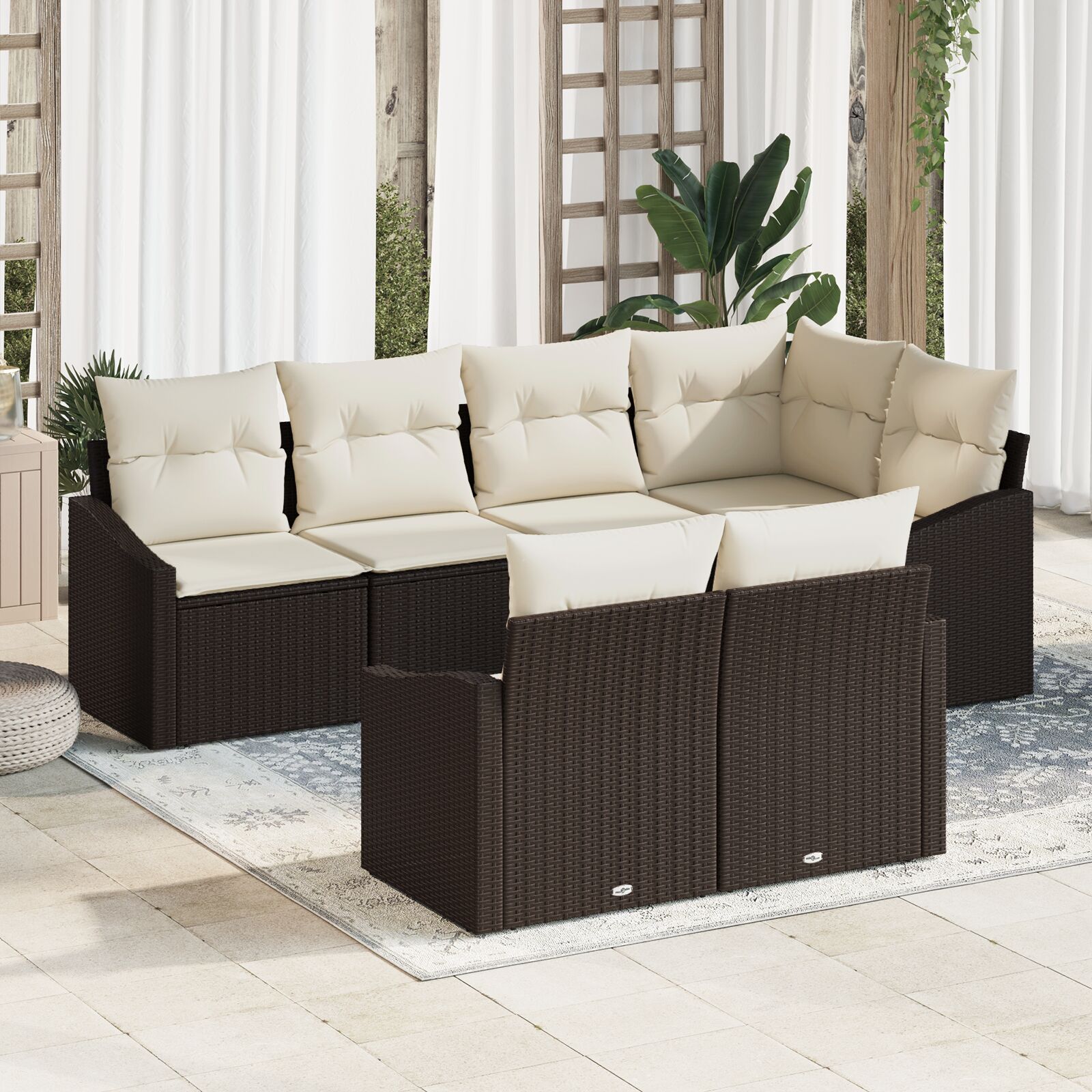 7-Delige Tuinbankset Met Kussens Bruin Poly Rattan