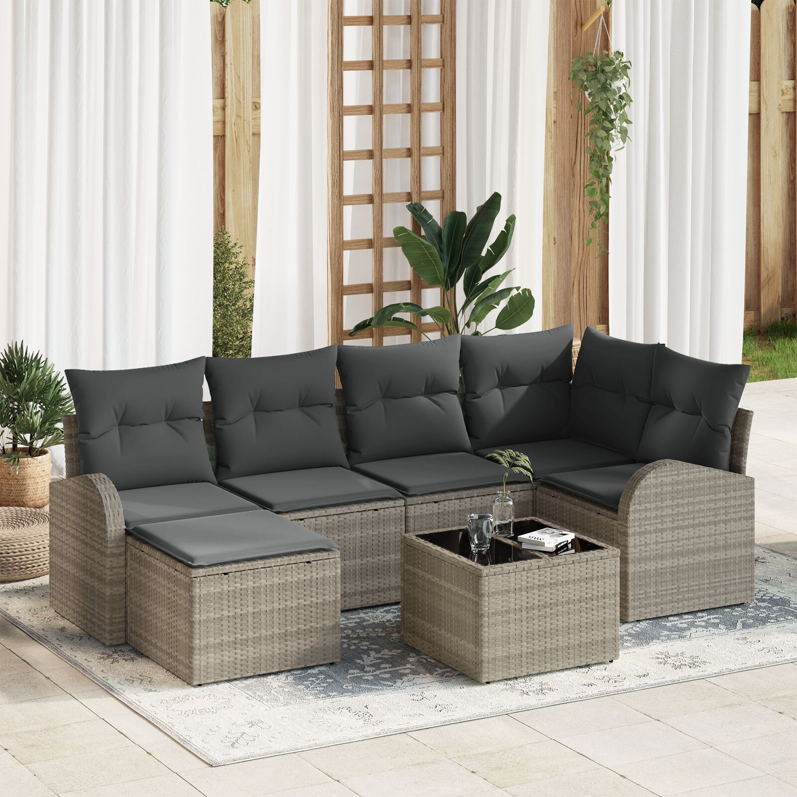 7-Delige Tuin Sofa Set Met Kussens Grijs Poly Rattan