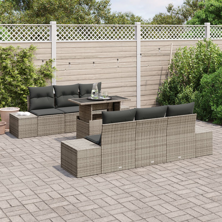 7-Delig Tuinbankstel Met Kussens Grijs Poly Rattan