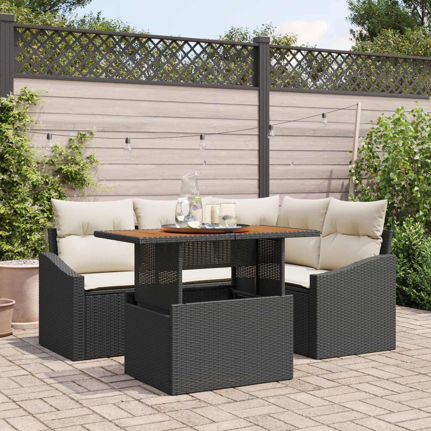 5-Delige Tuin Eetset Met Kussens Zwart Poly Rattan Acacia