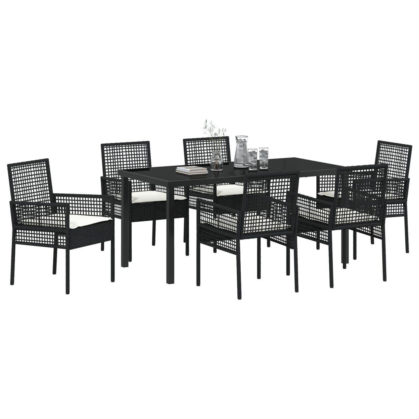 7-Delige Tuinetafelset Met Kussens Zwarte Poly Rattan