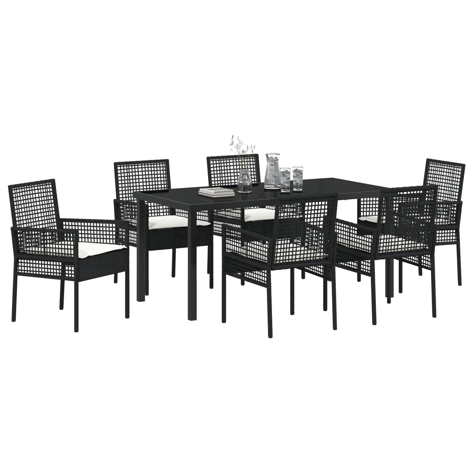 7-Delige Tuinetafelset Met Kussens Zwarte Poly Rattan