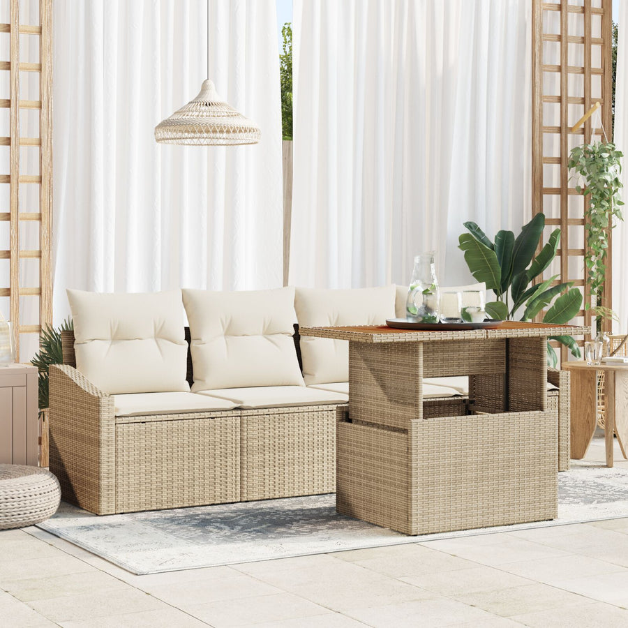 5-Delige Tuin Eetset Met Kussens Beige Poly Riet Acacia