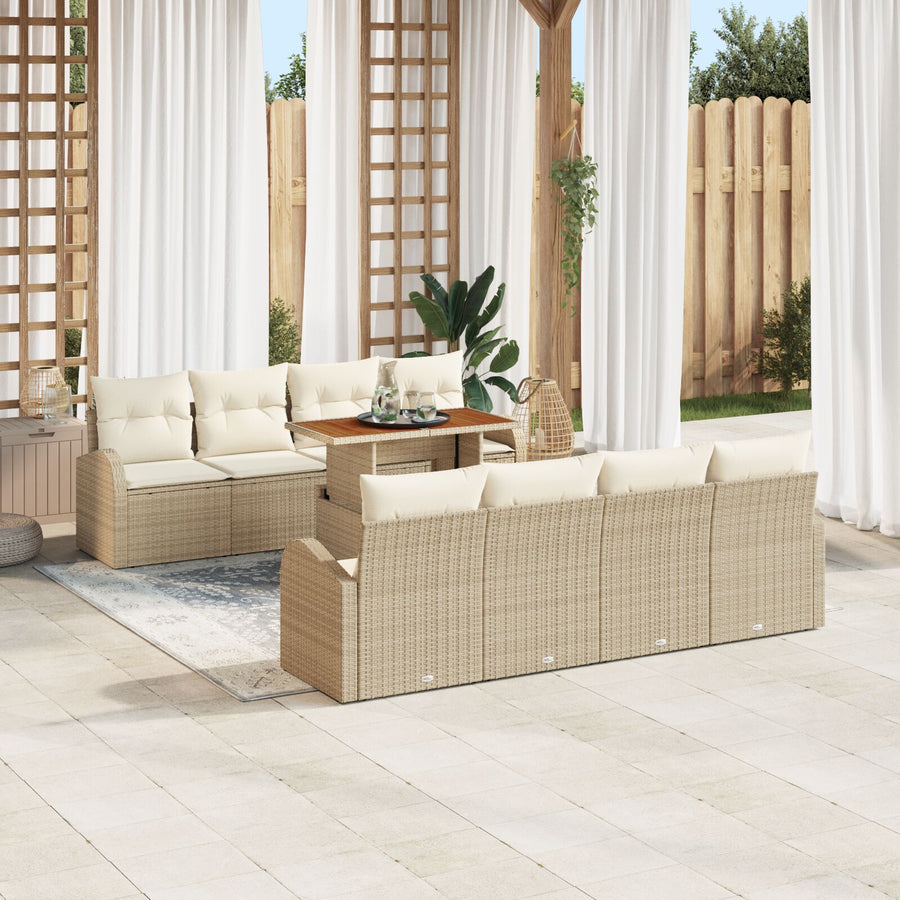 9-Delige Tuin Eethoek Met Kussens Beige Poly Rattan Acacia