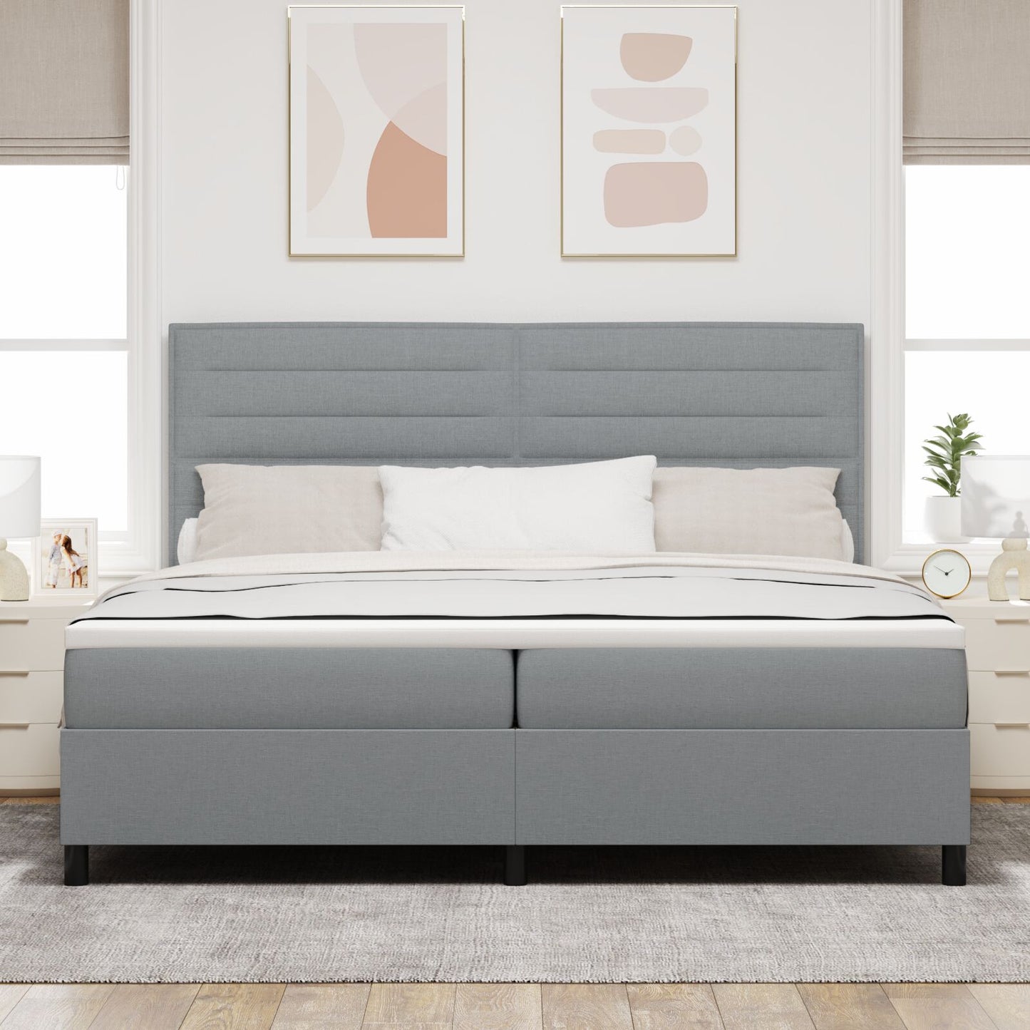 Boxspringbed Met Matras Stof Lichtgrijs 200 x 200 cm Lijnen ontwerp